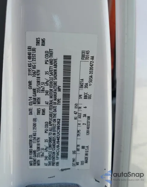 2014 Ford Escape Titanium z USA, uszkodzony, nr VIN 1FMCU9J94EUC99362